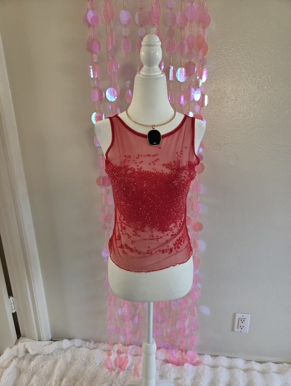 Vintage Celo Y2K Red Rhinestone Mesh Going Out Top